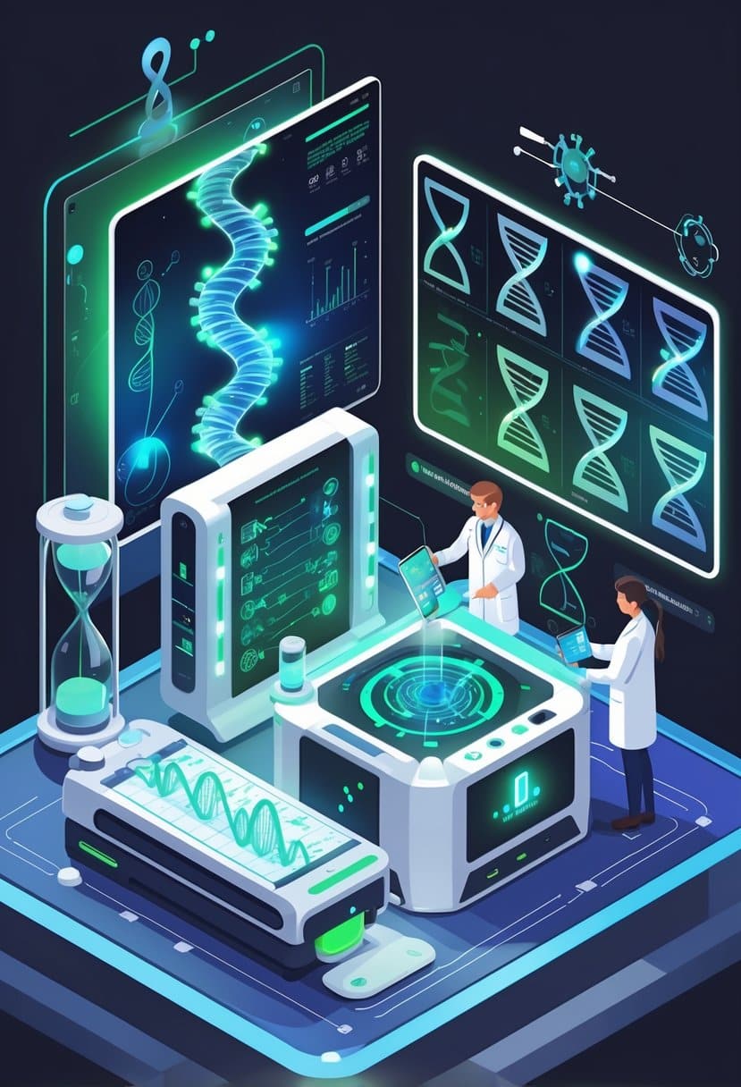 A futuristic laboratory where scientists work with advanced DNA sequencing machines and holographic displays showing telomere structures and molecular data.
