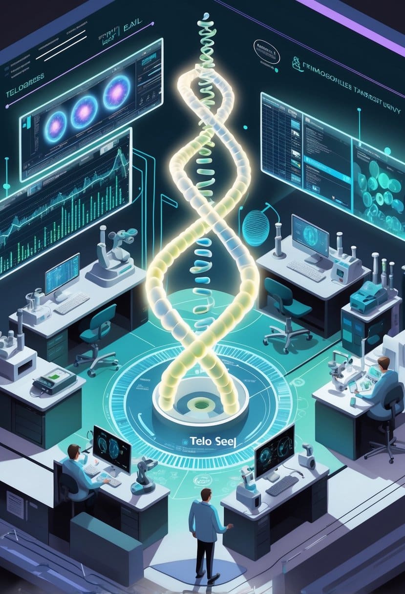 A futuristic laboratory where scientists study DNA and telomeres using advanced technology to explore aging and disease, with digital displays and molecular models around them.