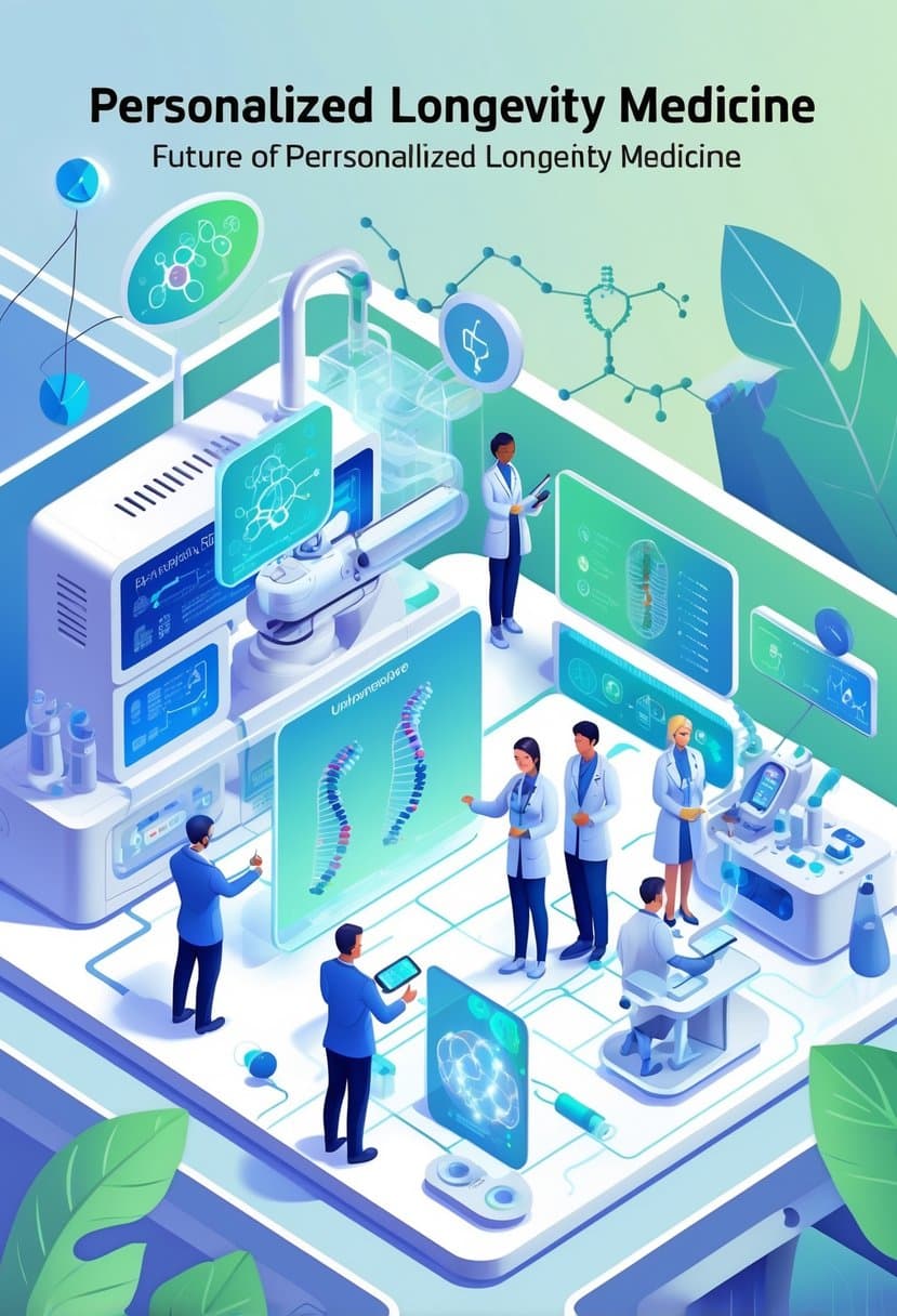 A futuristic laboratory where scientists use advanced technology to analyze DNA and provide personalized medical treatments focused on extending human lifespan.