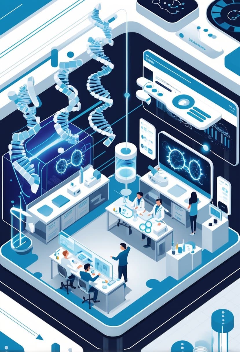 A futuristic laboratory where scientists study DNA and telomeres using holographic displays, while a doctor consults with a patient using augmented reality visuals.