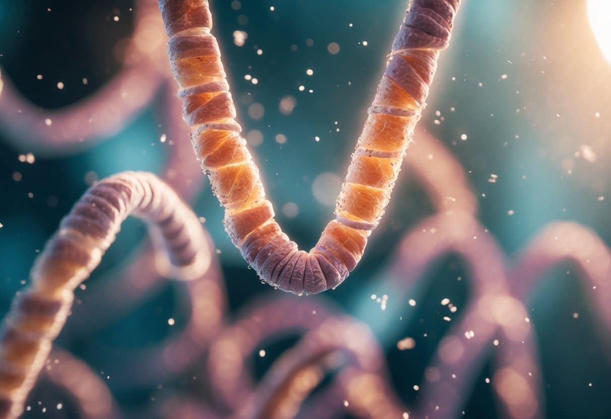 Close-up view of human chromosomes highlighting the telomeres at the ends, shown with detailed texture and natural imperfections under a microscope.