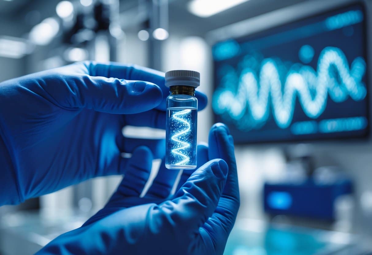 Close-up of gloved hands holding a vial with glowing DNA strands in a laboratory setting with gene therapy equipment in the background.