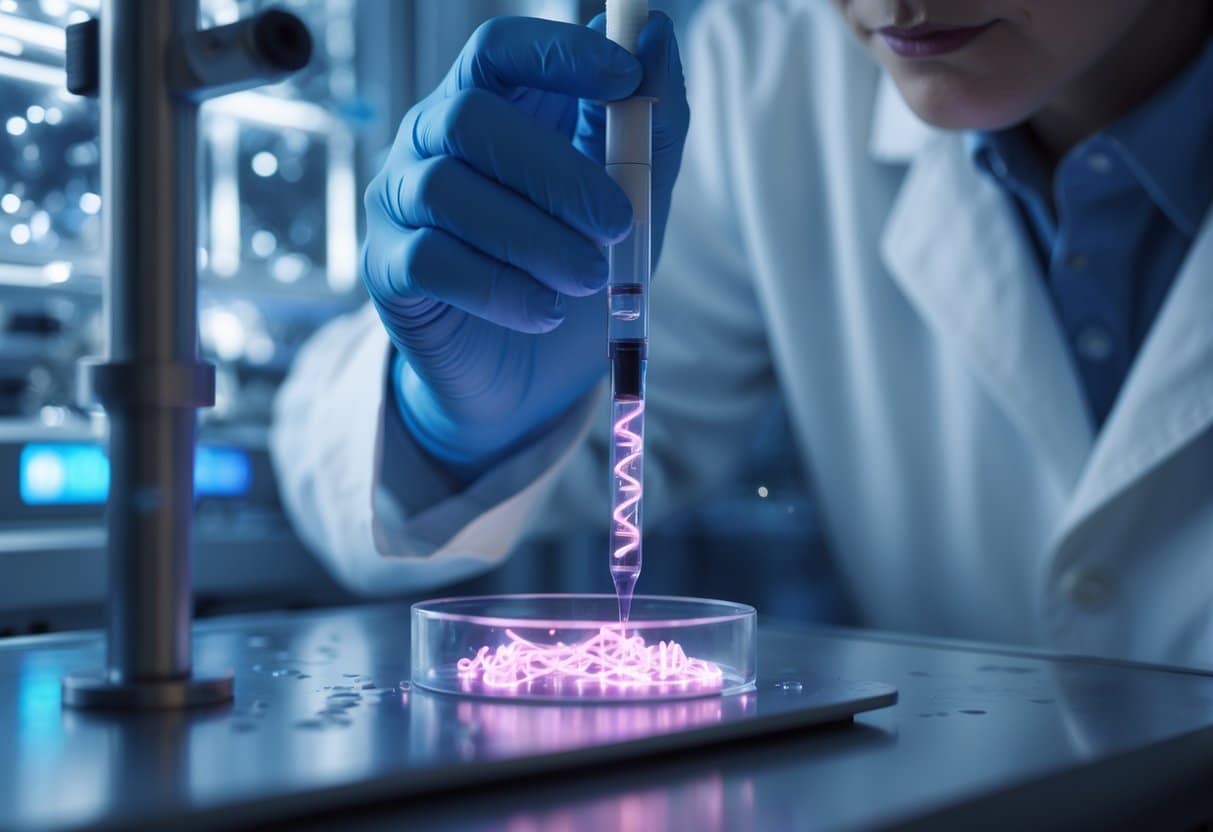 A scientist in a lab coat working with glowing DNA strands in a high-tech gene therapy laboratory.