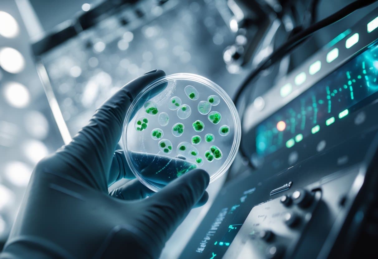 Close-up view of a gloved hand holding a petri dish with cultured cells in a modern laboratory, with a gene sequencing machine and scientific equipment in the background.