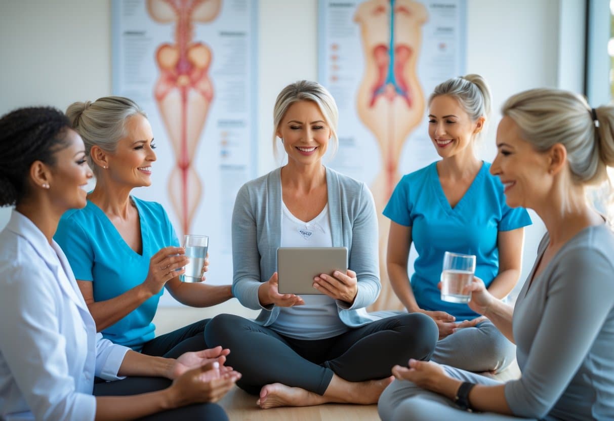 A group of middle-aged women in a wellness clinic consulting a healthcare professional and practicing self-care activities.