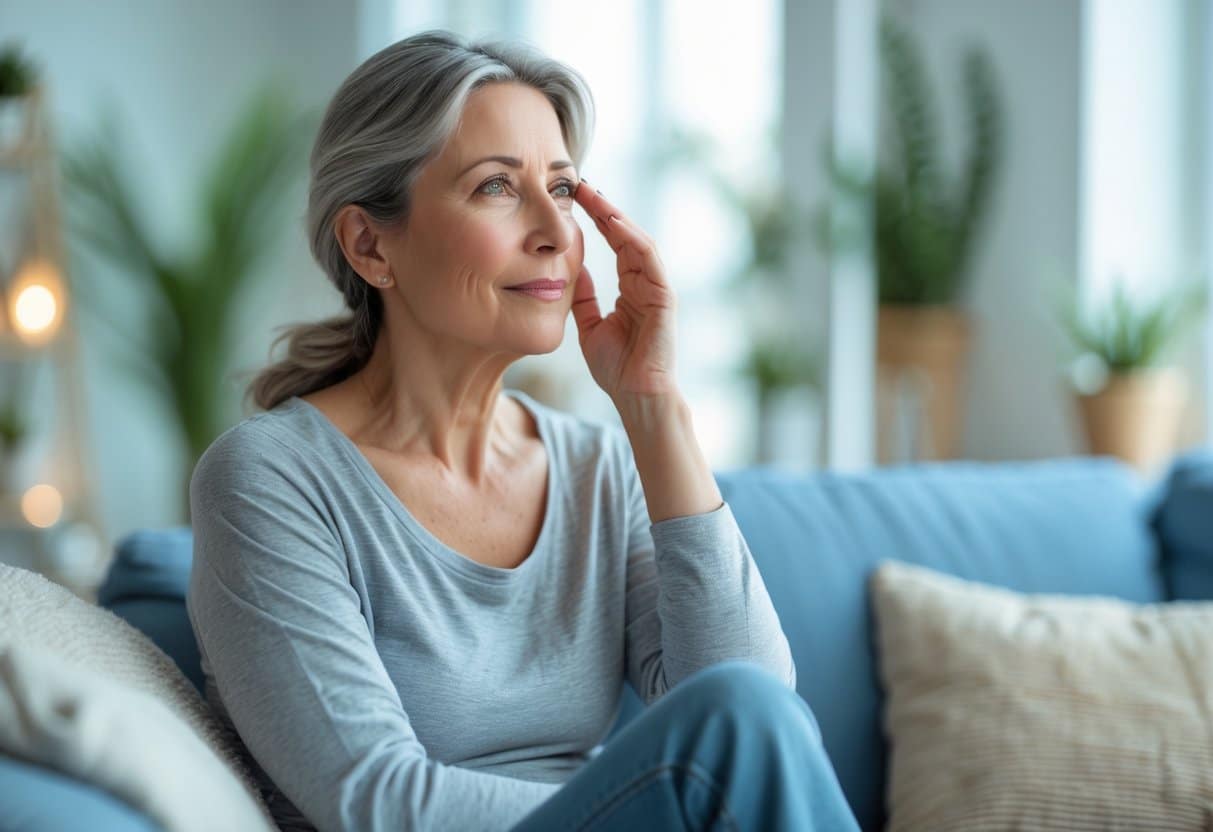 A middle-aged woman sitting thoughtfully in a bright living room, gently touching her temple.