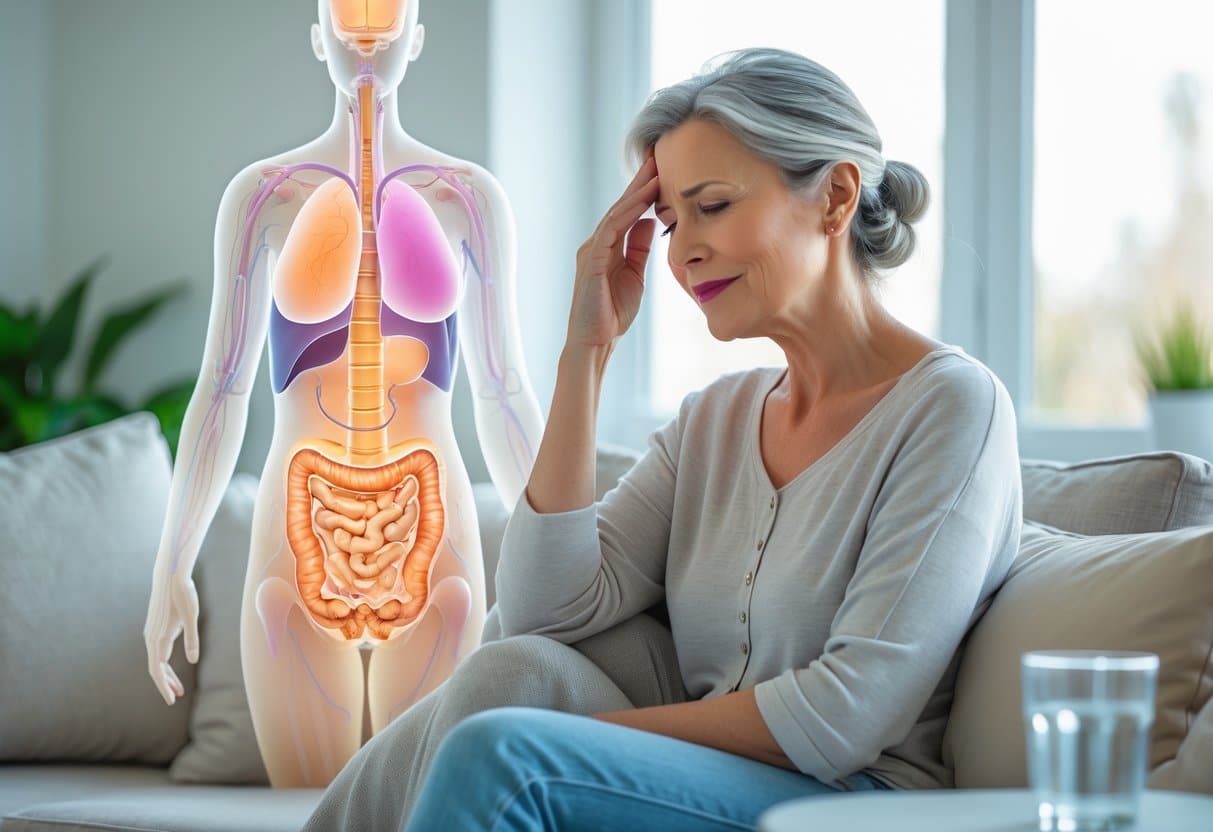 A middle-aged woman sitting in a bright room, gently touching her forehead with a thoughtful expression, symbolizing bodily changes during perimenopause.
