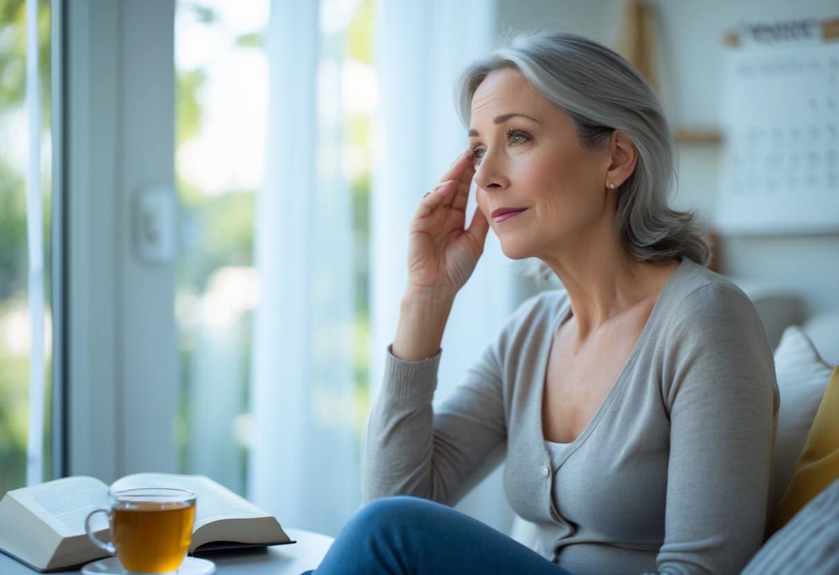 A middle-aged woman sitting by a window, looking thoughtful and touching her temple in a bright living room.