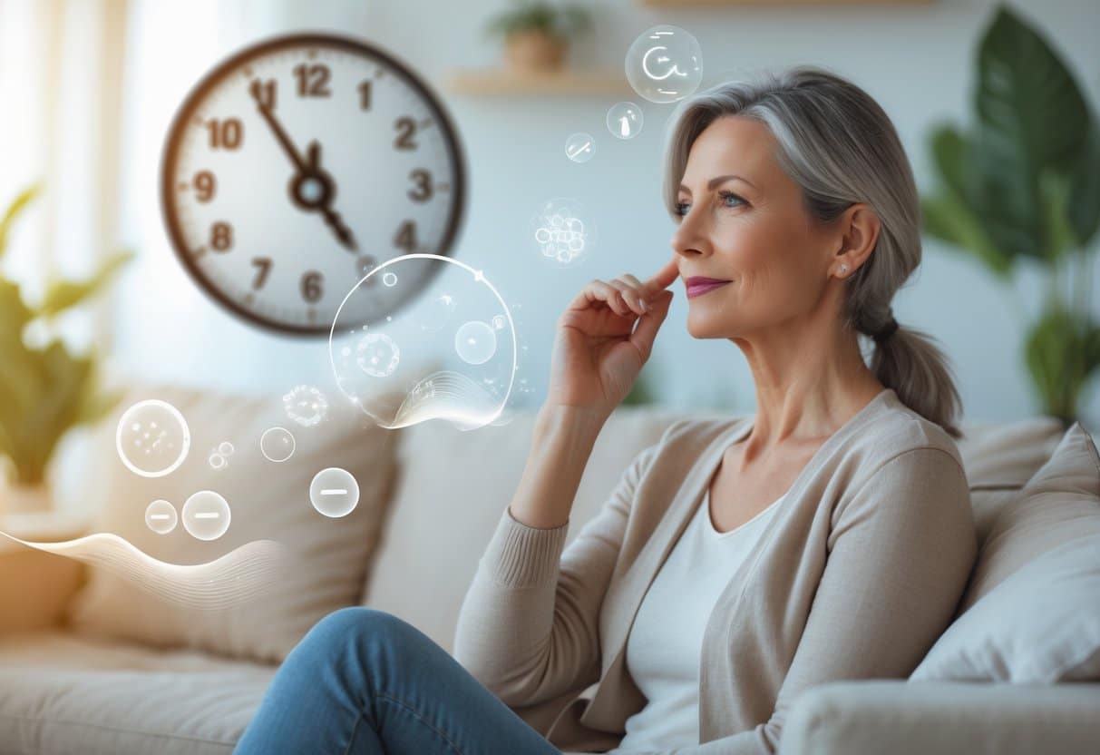 A middle-aged woman sitting thoughtfully in a bright living room, gently touching her temple, surrounded by soft symbols representing time and hormonal changes.
