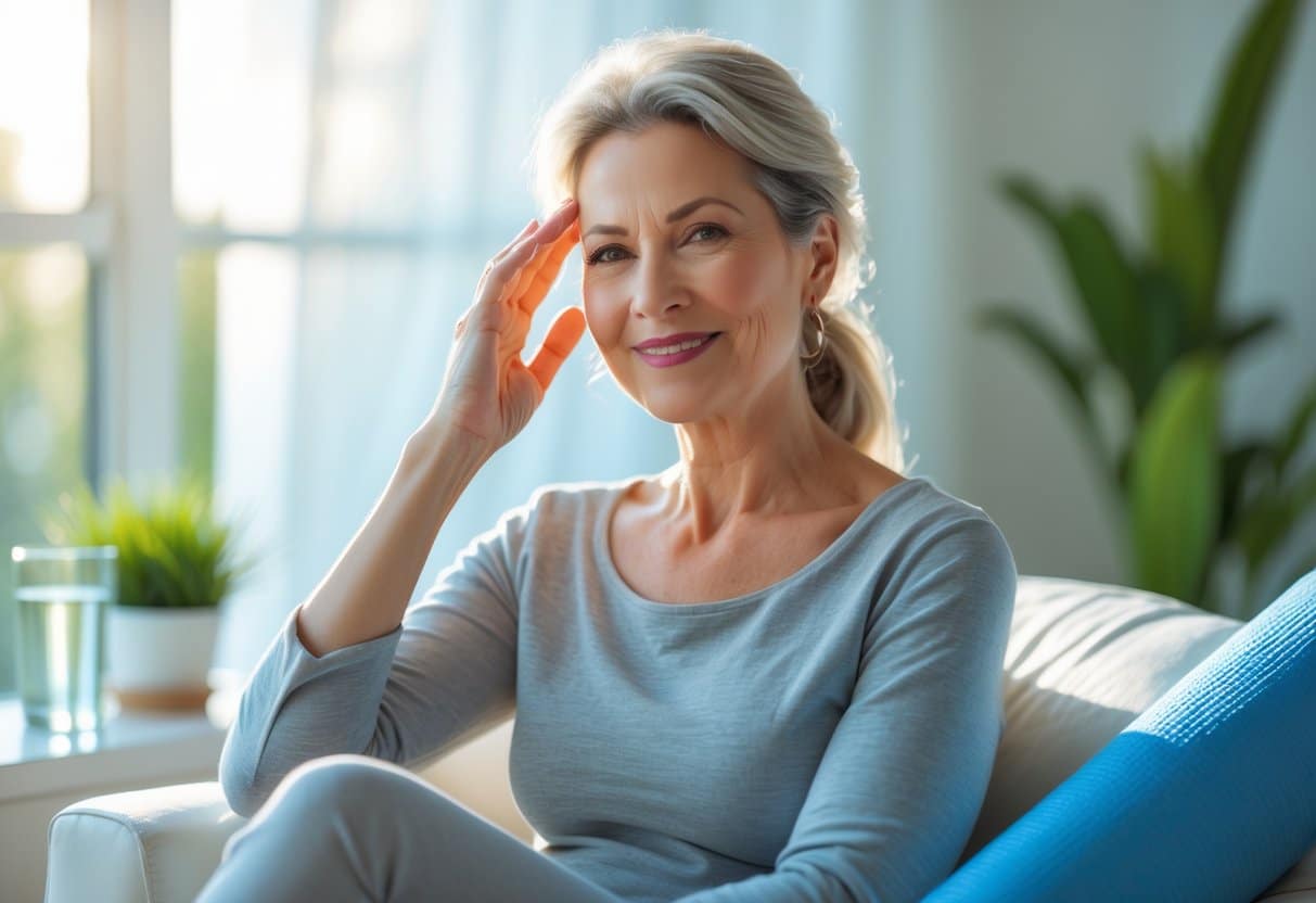 A middle-aged woman sitting in a bright living room, gently touching her temple and smiling calmly, surrounded by wellness items.