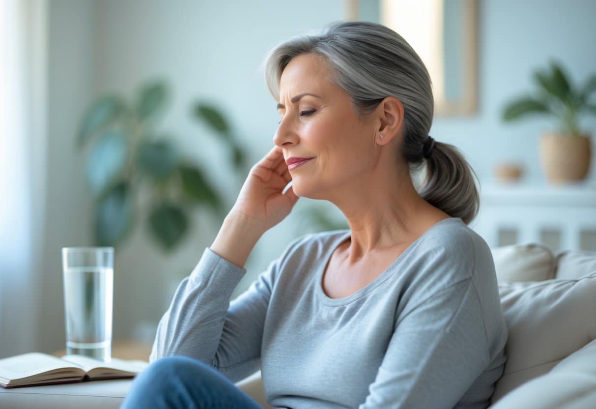 A middle-aged woman sitting thoughtfully in a bright living room, gently touching her neck, surrounded by calming home elements.