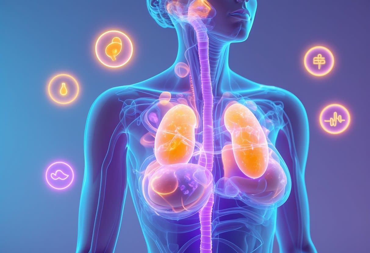 A semi-transparent human figure highlighting key endocrine glands with glowing symbols representing signs of hormonal imbalance after age 40.
