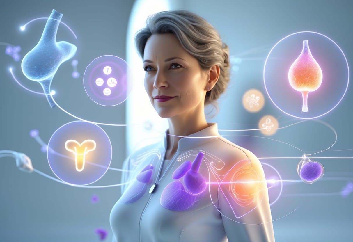 A mature woman in her early 40s with anatomical highlights of hormonal glands around her, set against a clean medical background with abstract molecular shapes.