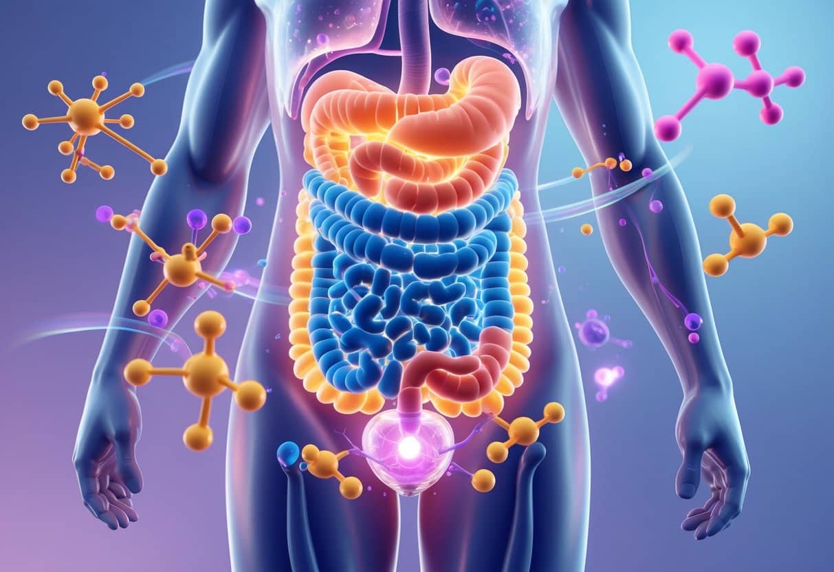 3D illustration of a human torso showing the digestive system and floating hormone molecules indicating hormonal imbalance and metabolic changes.