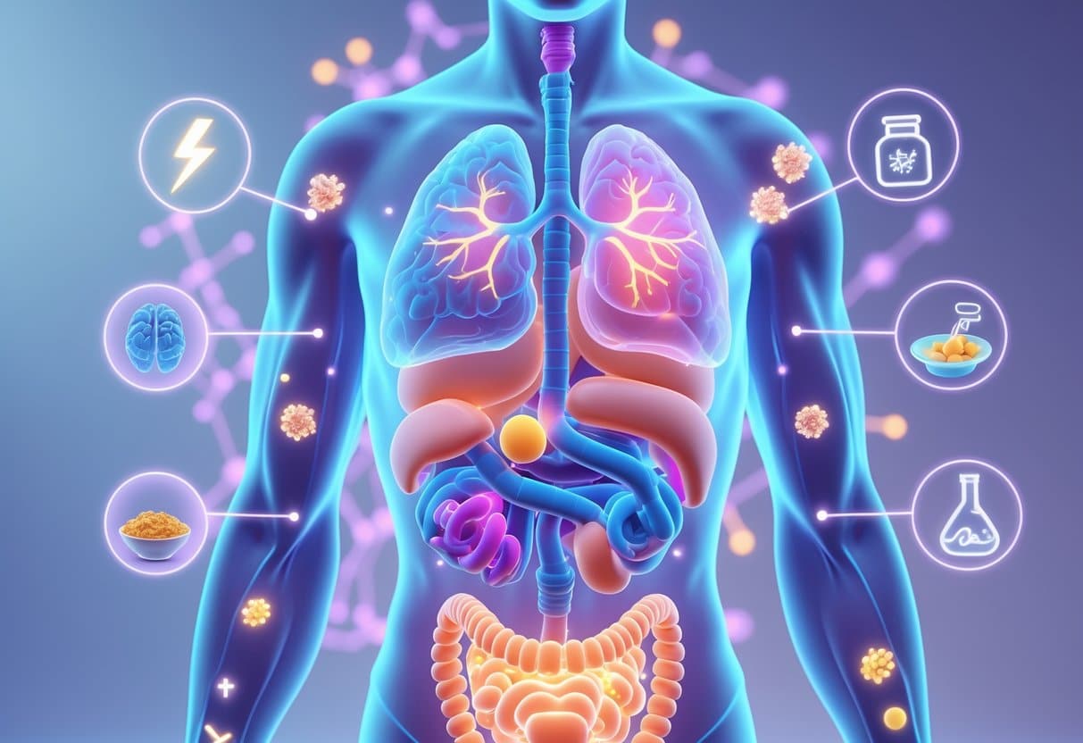 3D rendering of a human torso highlighting hormone-related organs with surrounding icons representing causes and risk factors for hormonal imbalance after age 40.