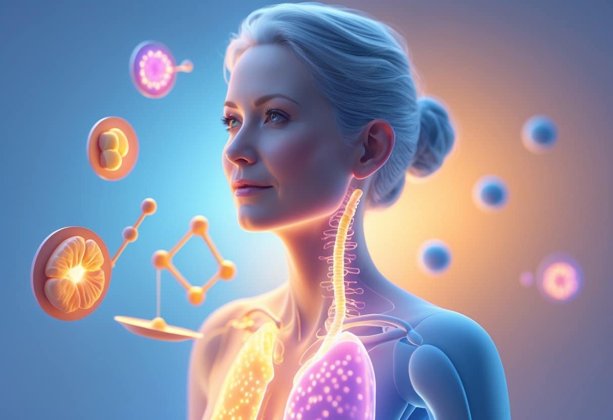 A middle-aged woman stands thoughtfully with a glowing outline of the endocrine system and floating hormone symbols around her, representing hormone balance and imbalance.