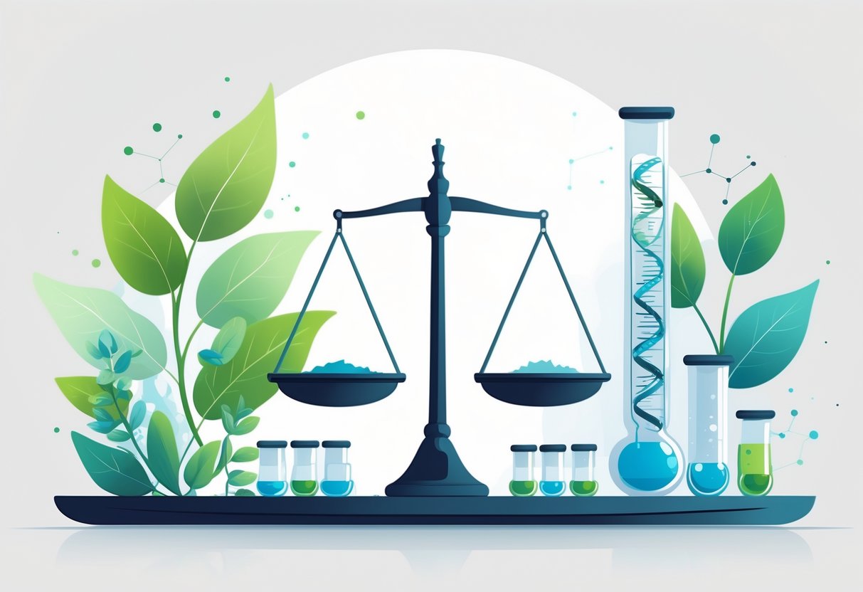 A balanced scale between natural elements like leaves and DNA on one side and laboratory equipment on the other, symbolizing a comparison between bioidentical and synthetic hormones.