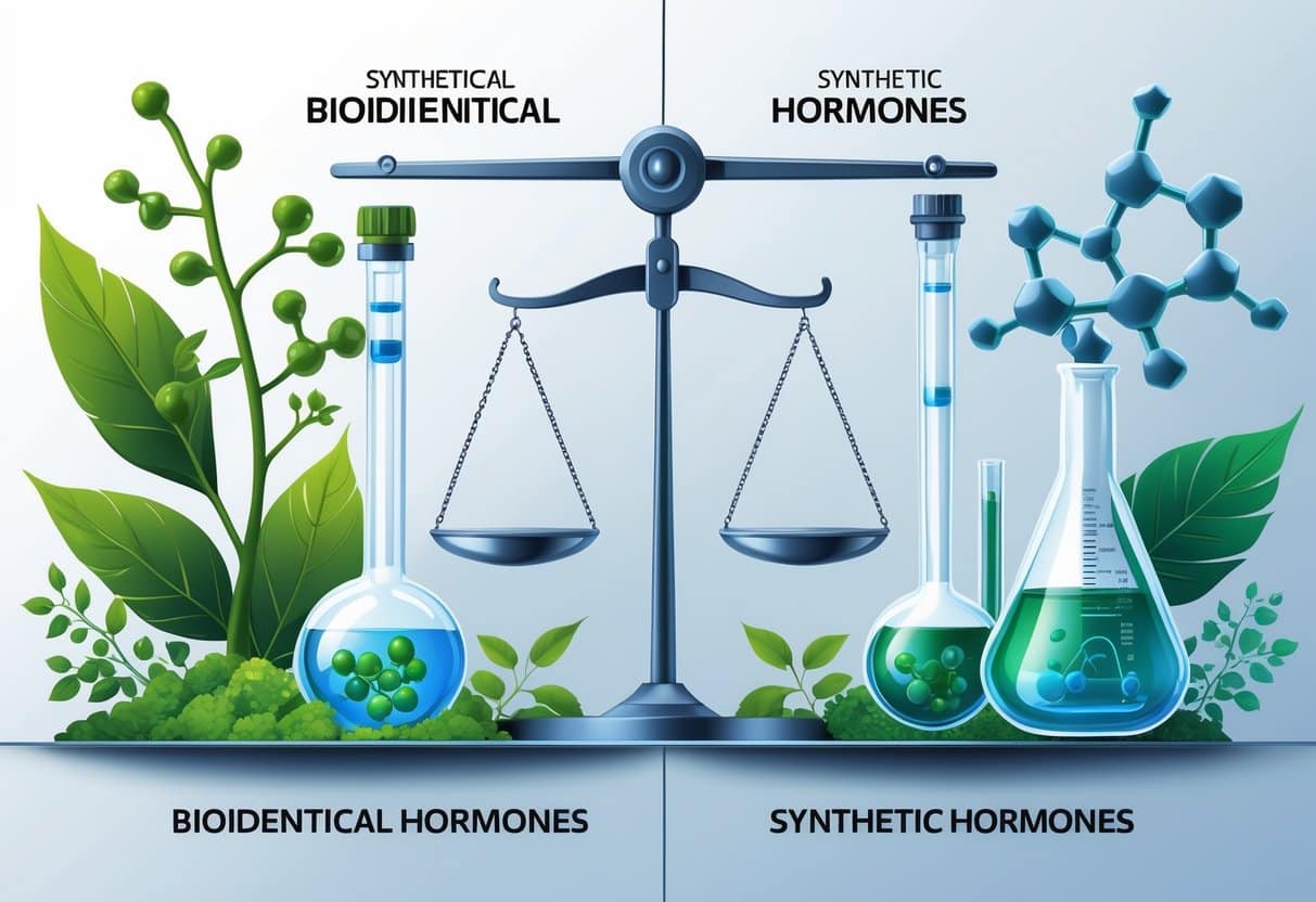 A split medical illustration comparing natural bioidentical hormones with synthetic hormones, showing natural elements and human-related imagery on one side and laboratory chemical elements on the other, with a balanced scale in the center.
