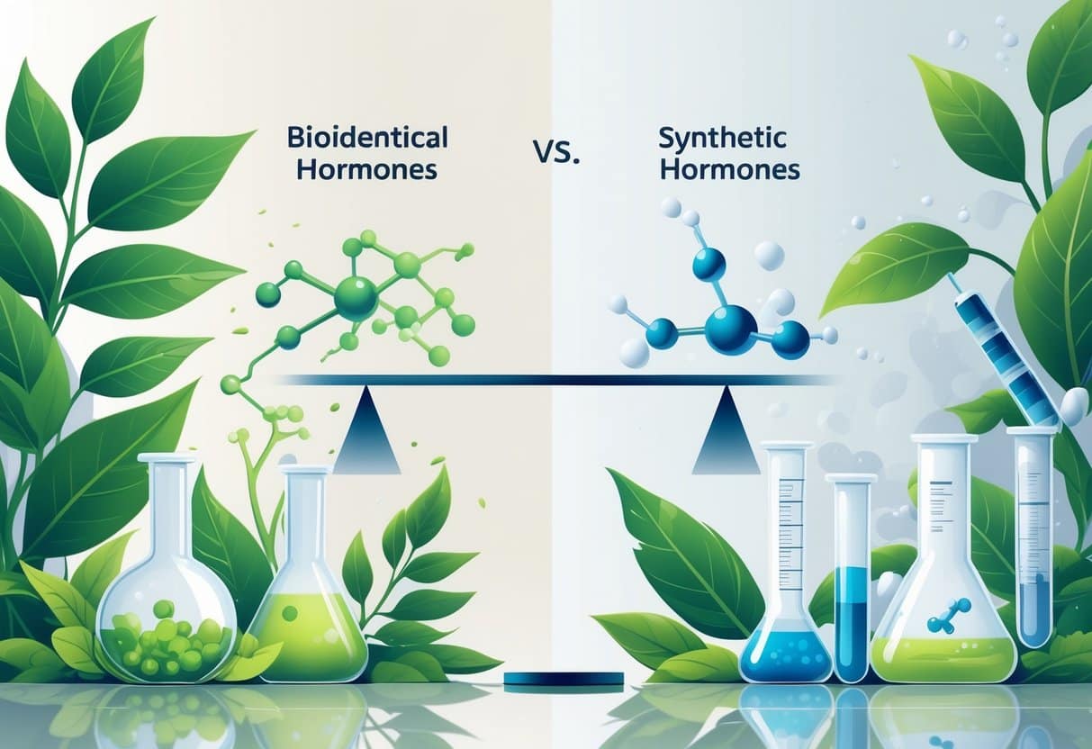 A balanced illustration showing natural elements and molecular structures on one side representing bioidentical hormones, and lab equipment with chemical structures on the other side representing synthetic hormones, connected by a subtle balance scale.