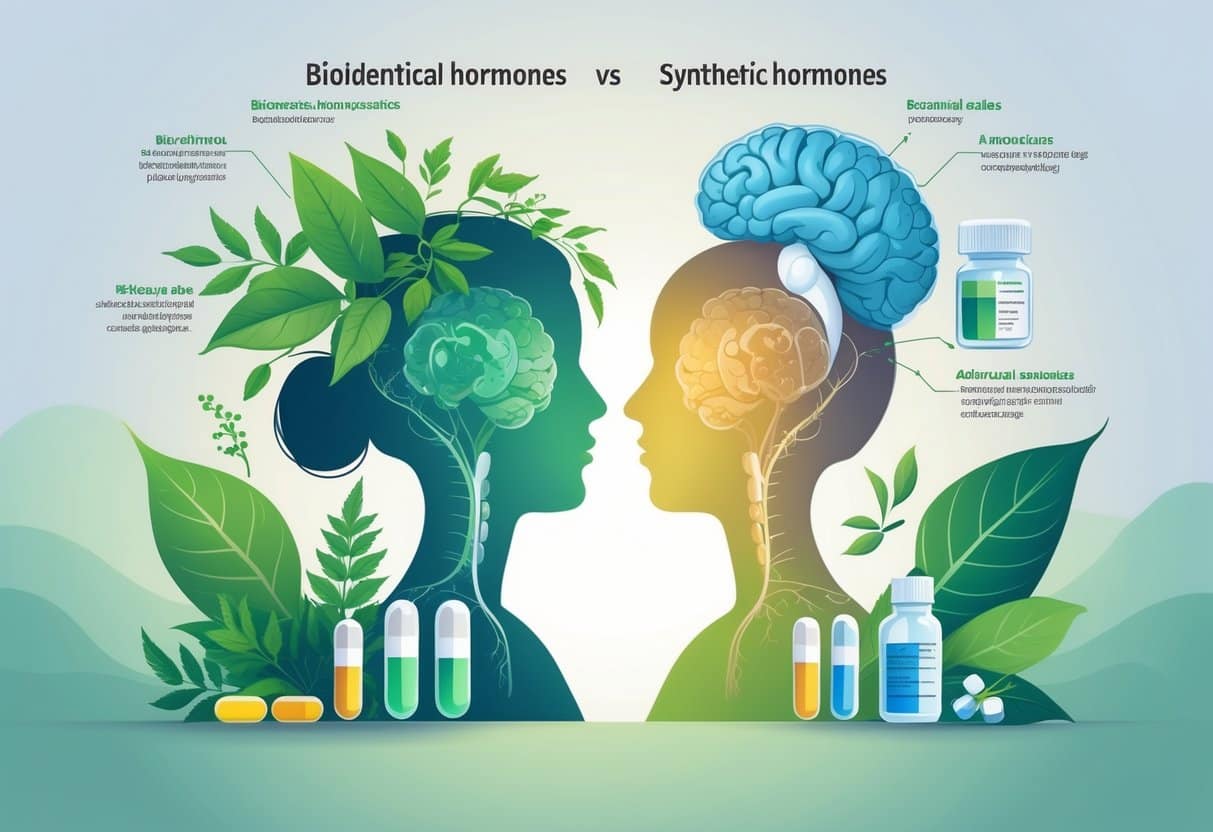 A balanced illustration showing natural plants and capsules on one side representing bioidentical hormones, and chemical formulas with synthetic pills on the other side, with a human figure in the center highlighting hormone-related glands.