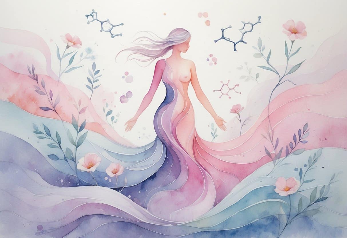 A soft watercolor painting of a female figure surrounded by flowing pastel colors, flowers, and abstract shapes representing hormones and the body.