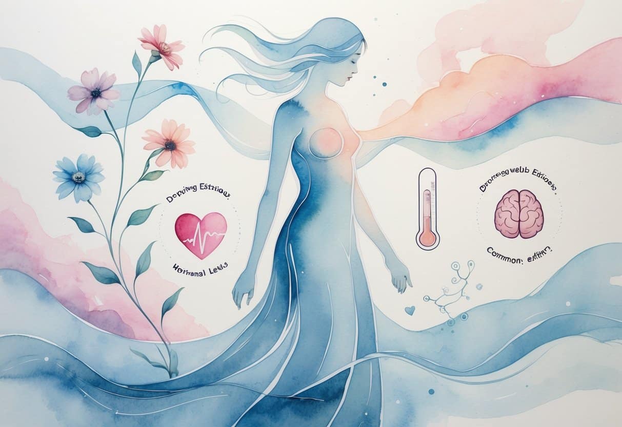 A semi-transparent female figure surrounded by symbols like fading flowers, a heart, a bone, a thermometer, and a brain, illustrating the effects of dropping estrogen levels on the body.