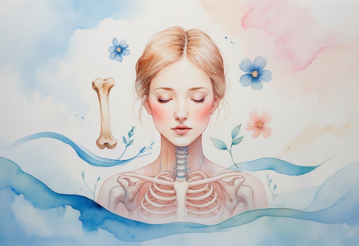 A soft painting of a female figure showing parts of the body affected by low estrogen, surrounded by symbolic elements like a fragile bone, faded flower, and gentle blue waves.