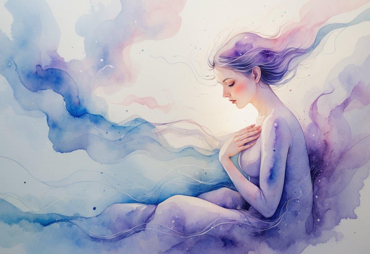 A semi-transparent woman surrounded by flowing colors and abstract shapes representing emotional and cognitive changes, with a gentle, introspective posture.