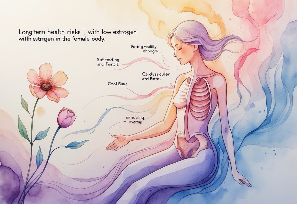 A woman surrounded by symbolic elements representing changes in her body, including fading flowers and soft colors around her heart, bones, and brain.