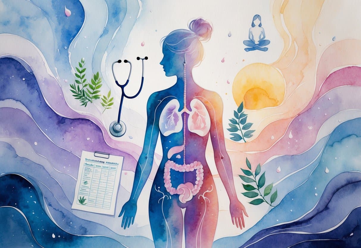 A watercolor painting of a female figure surrounded by symbols of medical care, healthy lifestyle, and calming activities, illustrating changes in the body related to estrogen levels.