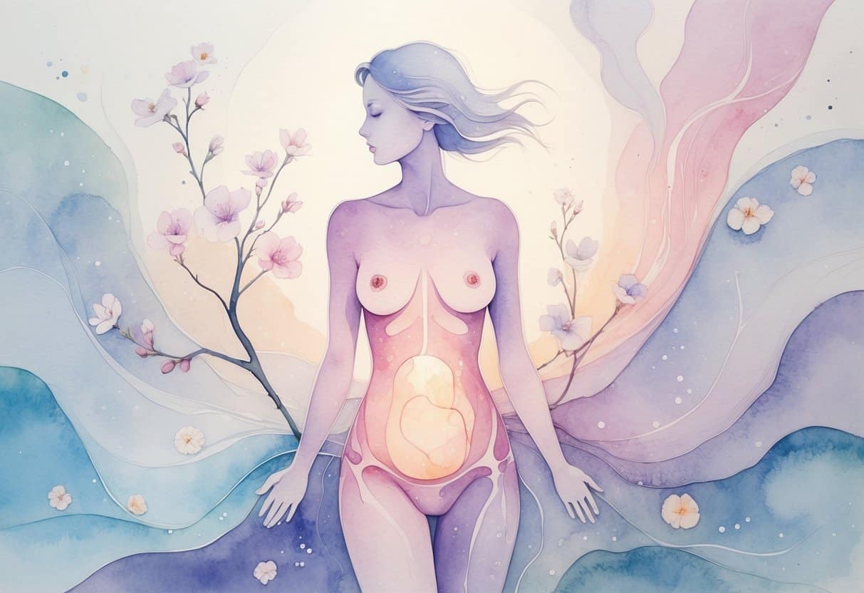 A softly painted female figure surrounded by gentle abstract shapes and pastel colors representing changes in the body.