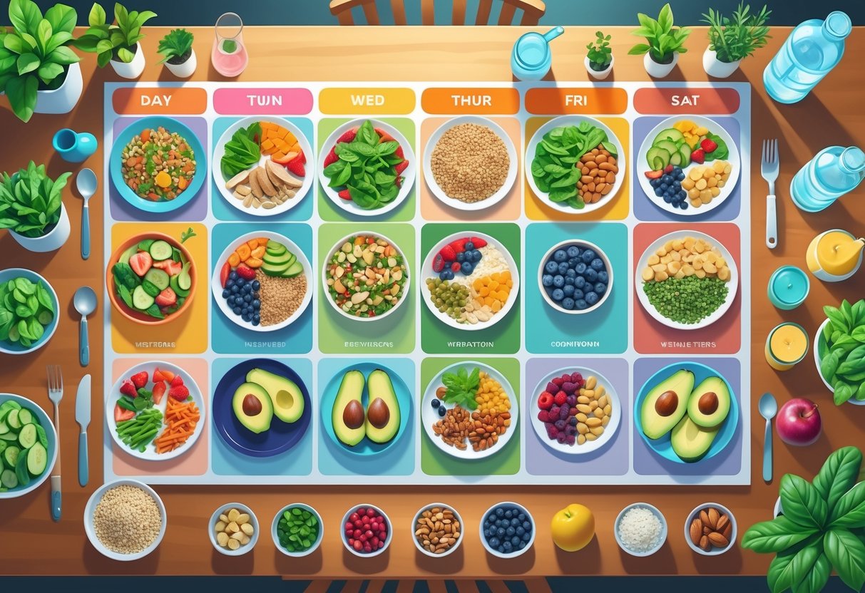 A top-down view of a weekly meal planner with healthy foods like vegetables, fruits, grains, and proteins arranged on a table along with kitchen utensils and herbs.