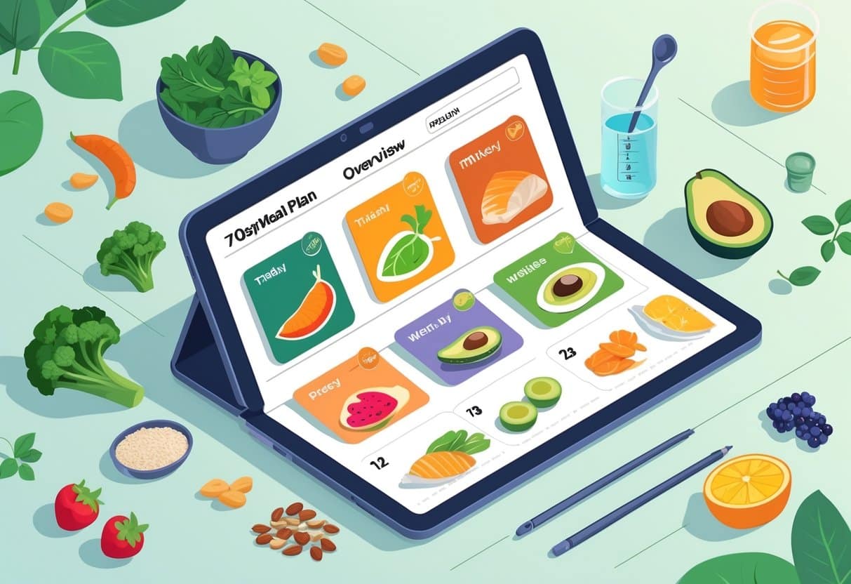 An isometric illustration showing a 7-day meal plan with healthy foods like vegetables, fruits, nuts, and lean proteins arranged around a digital planner.
