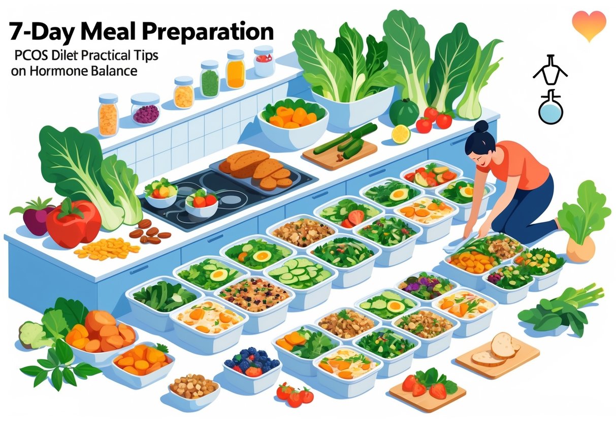 A person preparing balanced meals with fresh vegetables and proteins arranged in containers for a week, surrounded by symbols representing hormone balance.