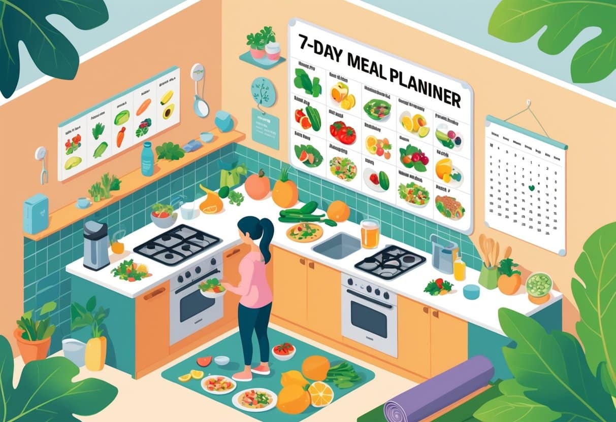 A bright kitchen scene showing healthy foods, meal preparation, and lifestyle items supporting hormone balance and wellness.
