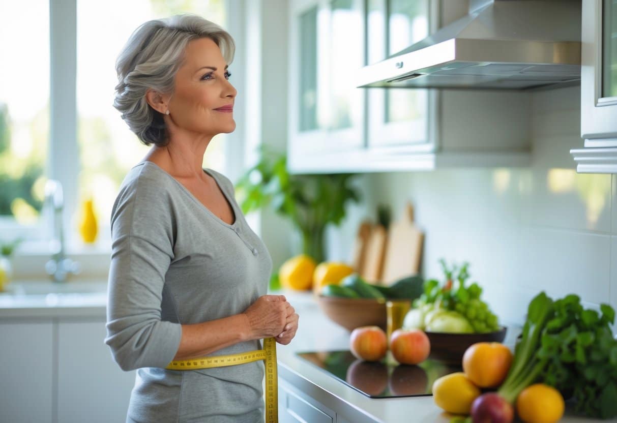 A mature woman measuring her waist with a tape measure in a bright kitchen with fresh fruits and vegetables on the counter.