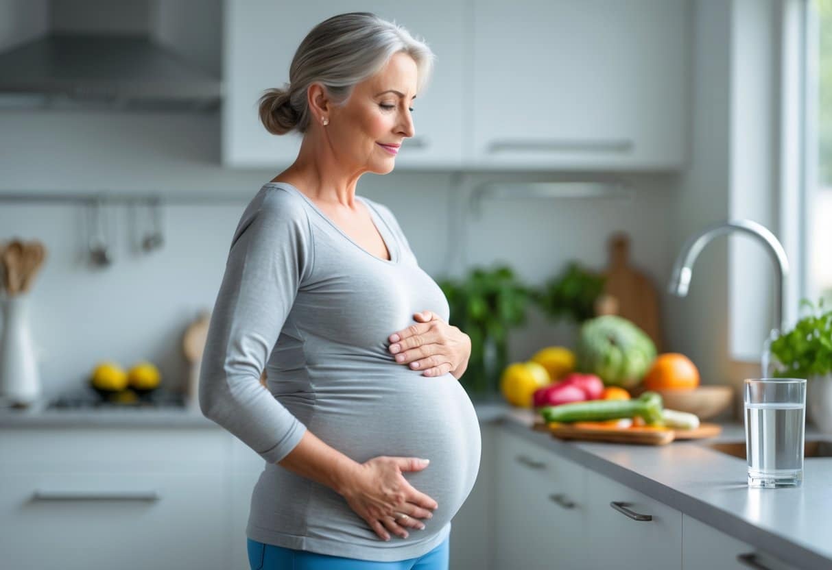 A middle-aged woman in a kitchen gently touching her abdomen, surrounded by fresh fruits and vegetables.