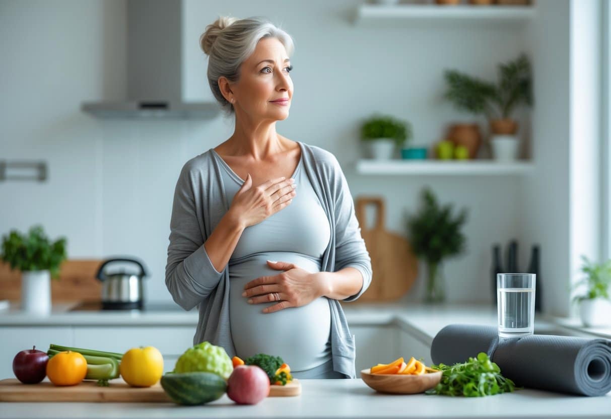 A middle-aged woman in a kitchen gently touching her abdomen with healthy foods and a yoga mat nearby, suggesting menopause weight gain and health management.