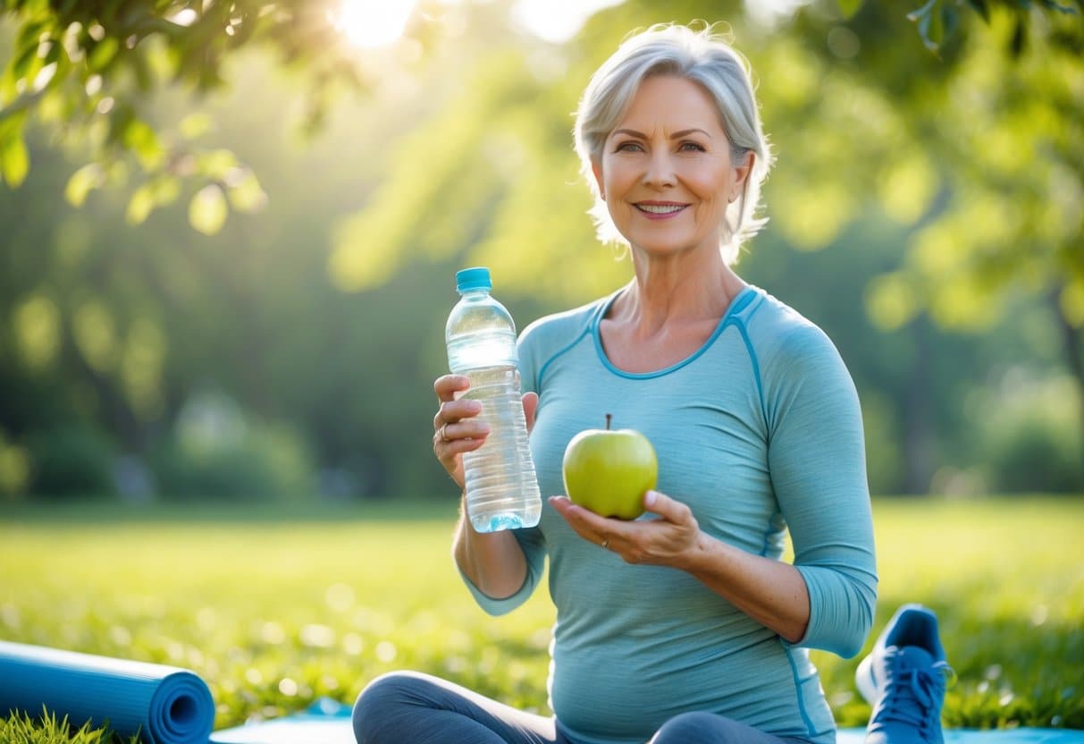 A middle-aged woman outdoors holding a water bottle and an apple, smiling in a park setting with trees and sunlight.