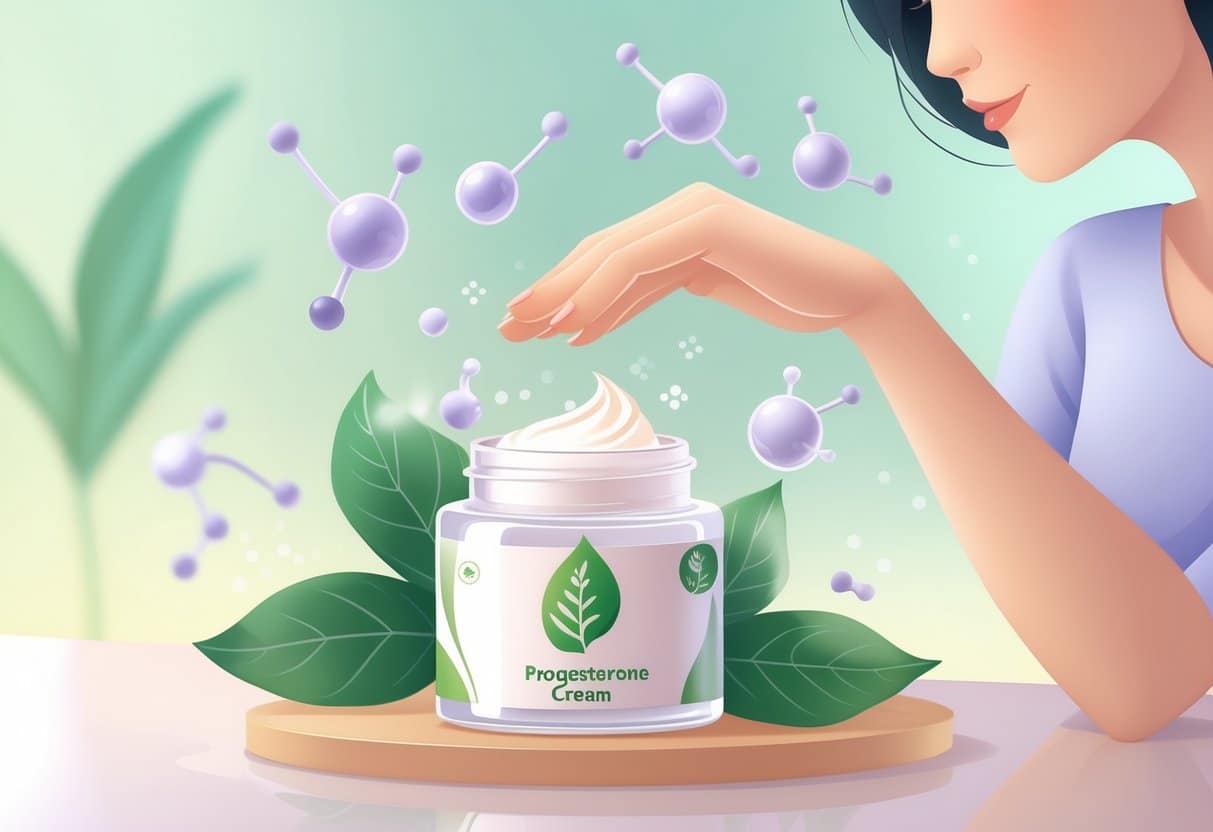 A woman gently applying cream to her arm next to a jar of natural cream with floating hormone molecules around it.