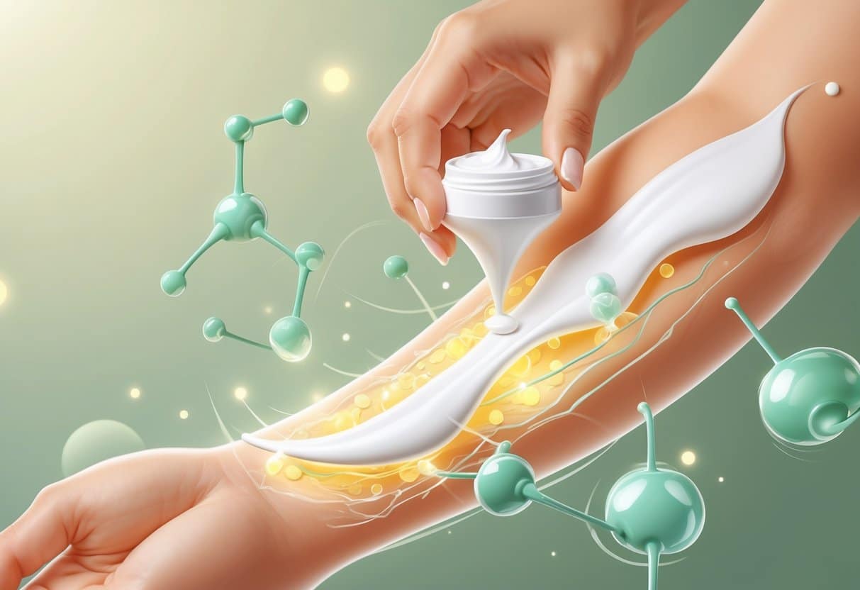 A woman applying cream to her forearm with glowing skin layers and hormone molecules around the area.