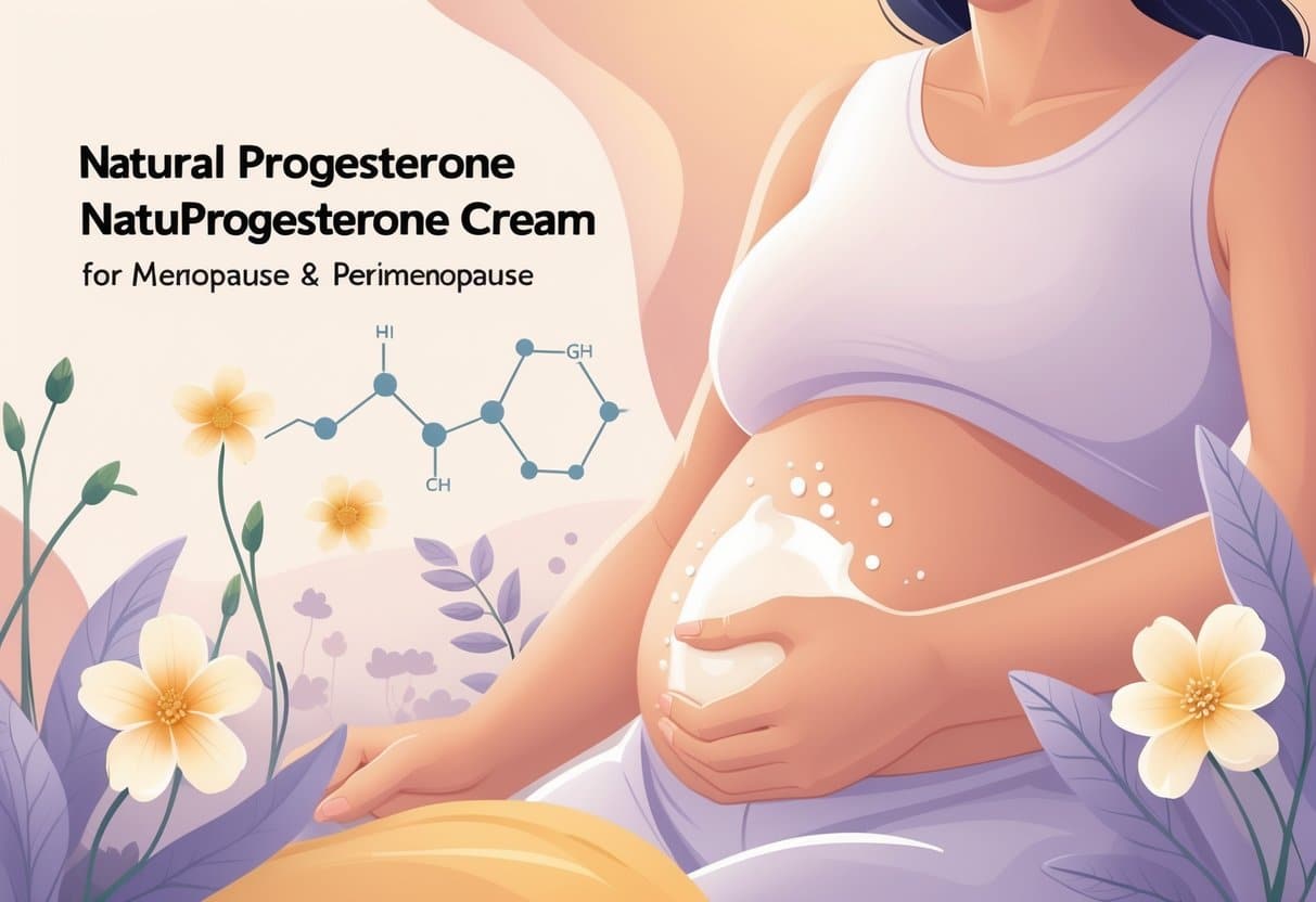 A middle-aged woman gently applying cream to her lower abdomen surrounded by soft botanical elements and abstract hormone molecules.