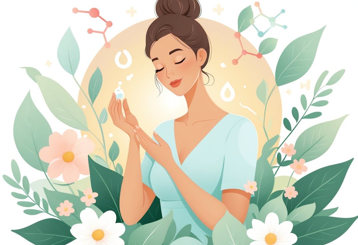 A woman gently applying cream to her arm surrounded by flowers and natural elements representing health and hormonal balance.