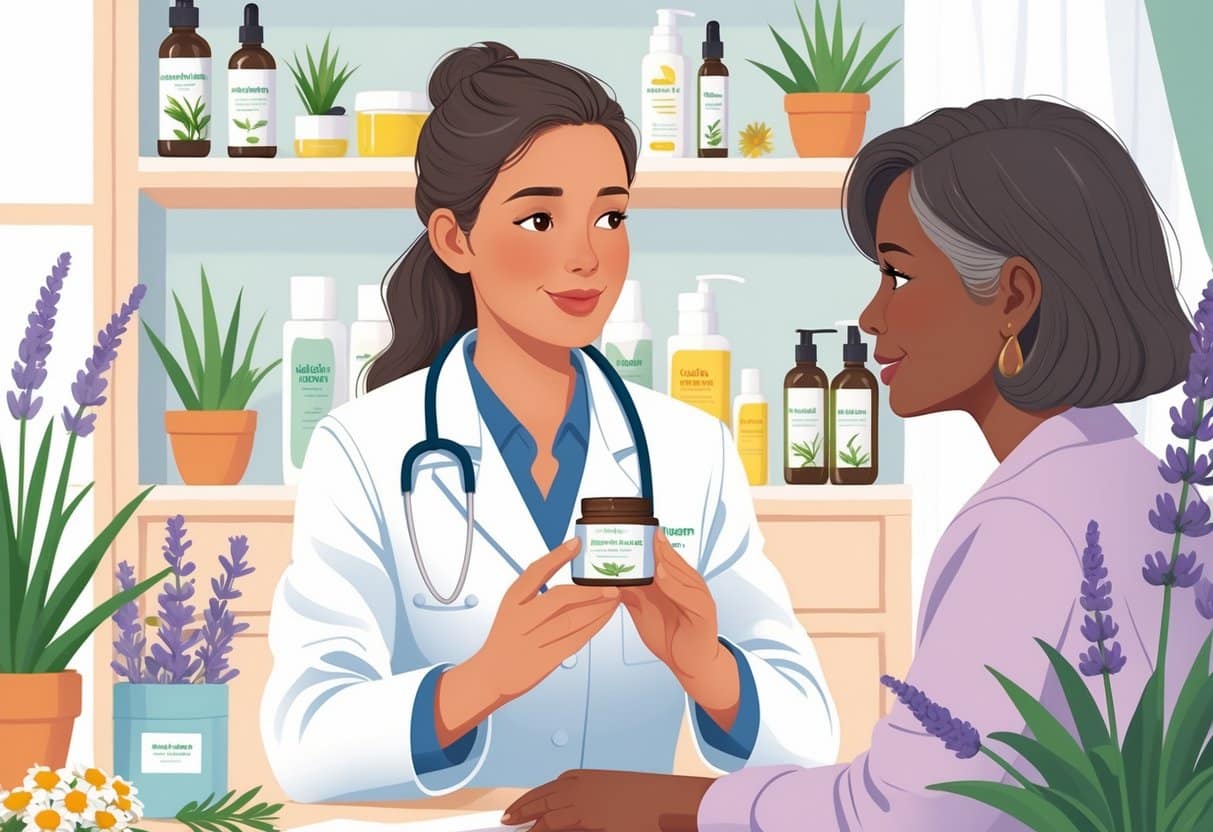 A female healthcare professional shows a jar of natural progesterone cream to a middle-aged woman in a bright consultation room with natural plants on shelves.