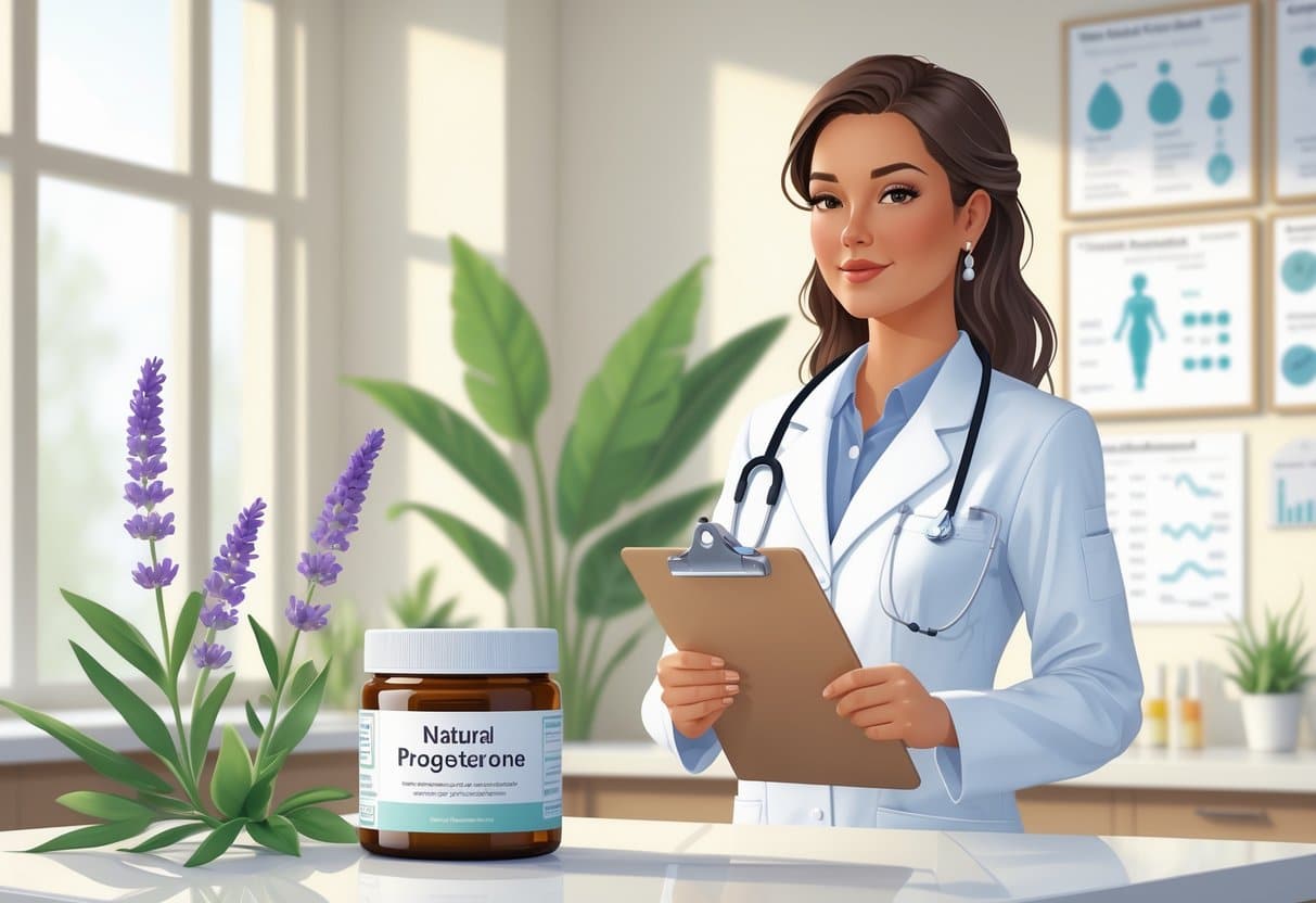 A female healthcare professional stands next to a jar of natural cream in a bright clinic with plants in the background.