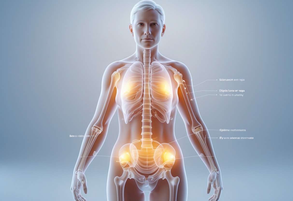 3D rendering of a middle-aged to older adult body showing internal changes from hormone replacement therapy after age 50, highlighting muscles, bones, fat distribution, and endocrine glands.