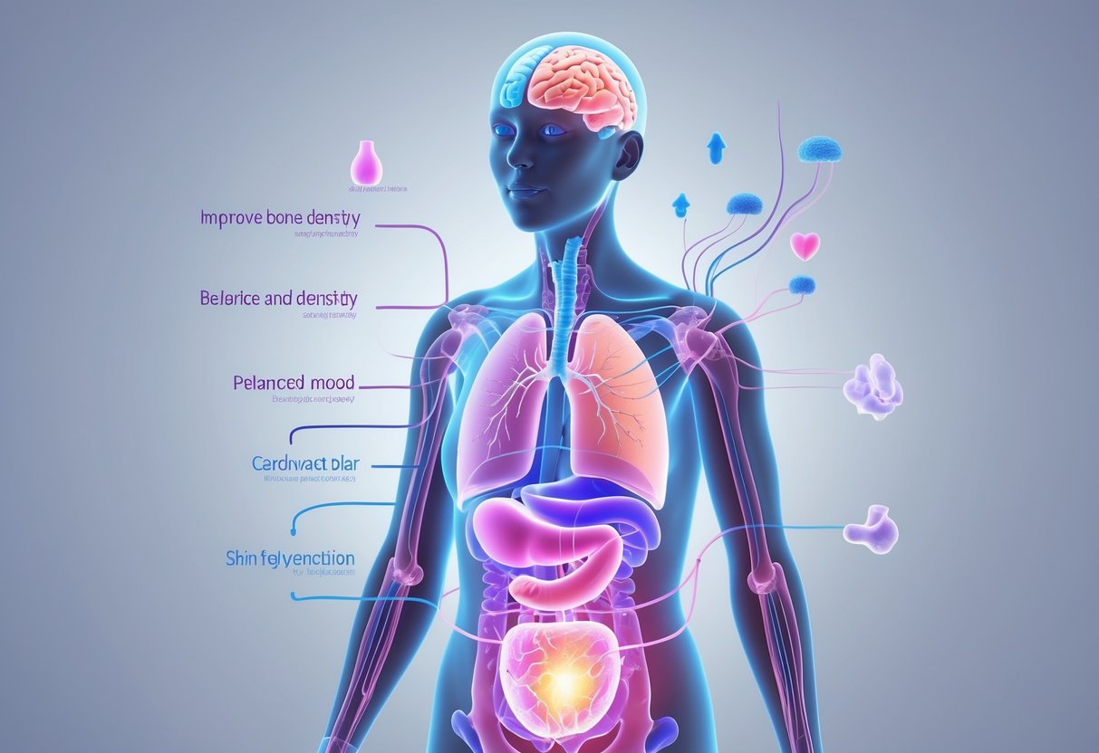 A 3D rendering of a middle-aged human body showing internal organs and hormone pathways to illustrate how hormone replacement therapy affects the body after age 50.