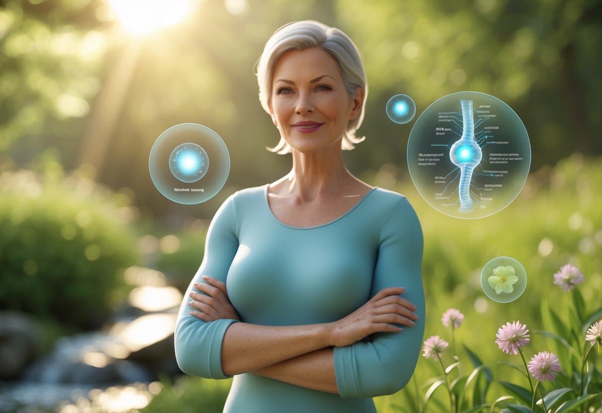 A healthy woman over 50 standing outdoors surrounded by glowing orbs, blooming flowers, and natural elements symbolizing vitality and wellness.