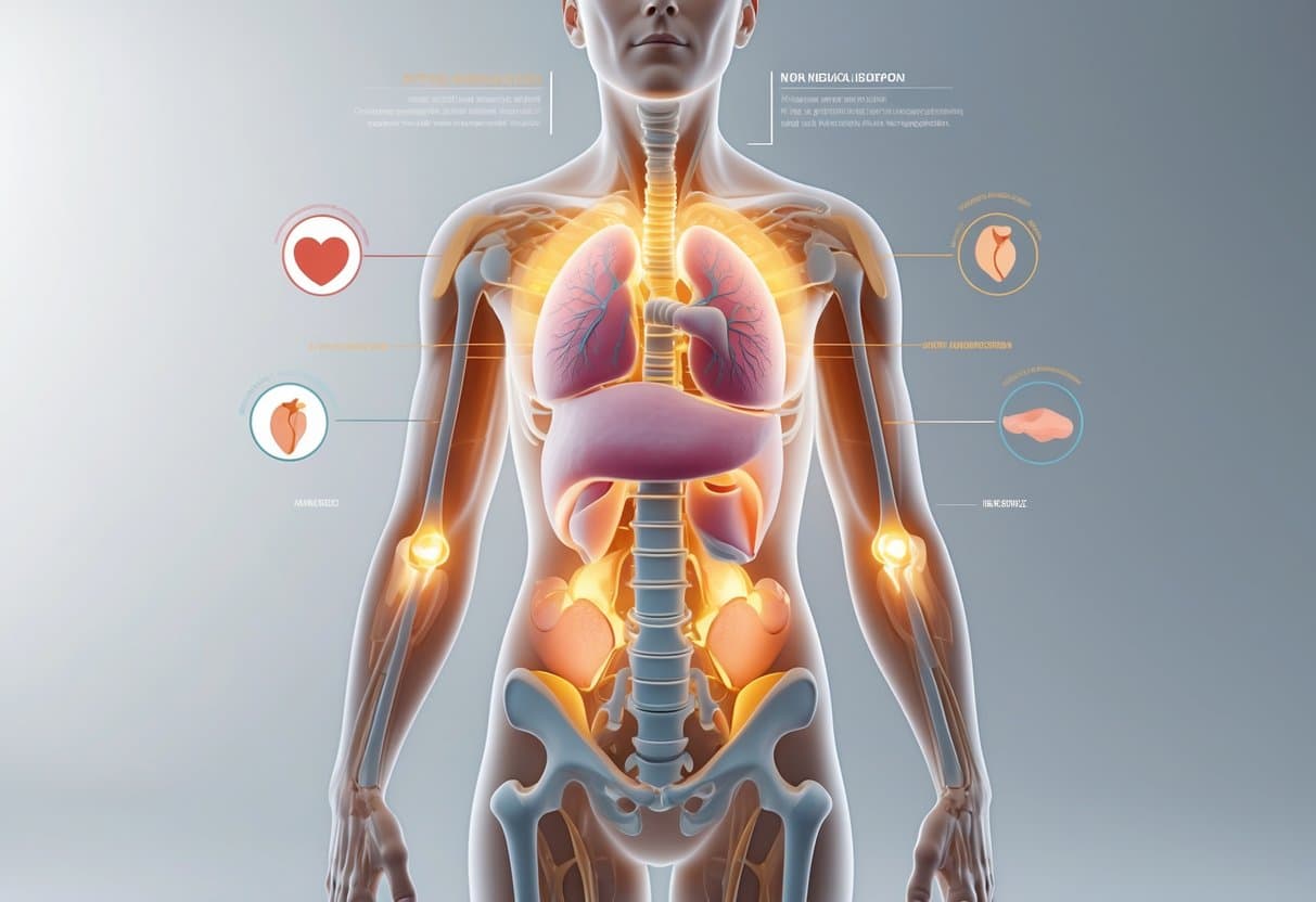 3D rendering of a middle-aged adult human torso with semi-transparent skin showing internal organs and highlighted areas indicating potential health effects.
