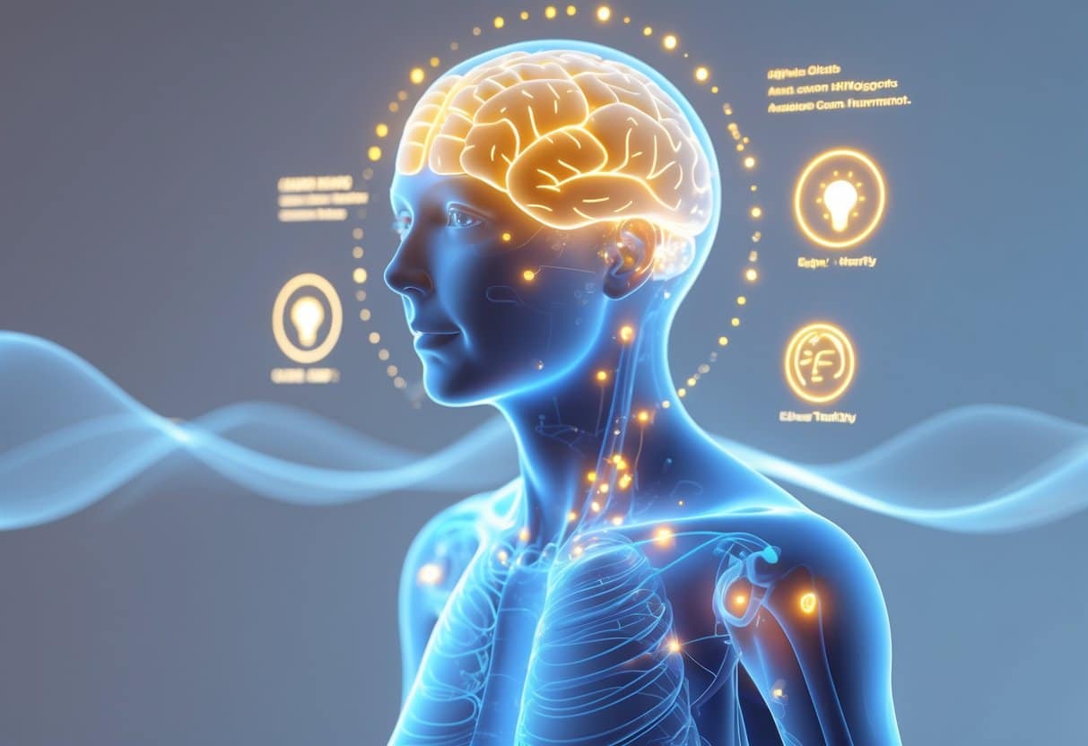 A 3D rendering of an older adult with glowing brain areas and hormone flow symbols illustrating the psychological and cognitive effects of hormone therapy after age 50.